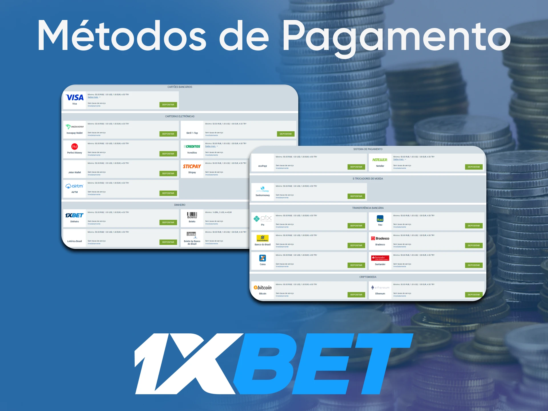 1xBet cassino suporta métodos de depósito populares no Brasil.