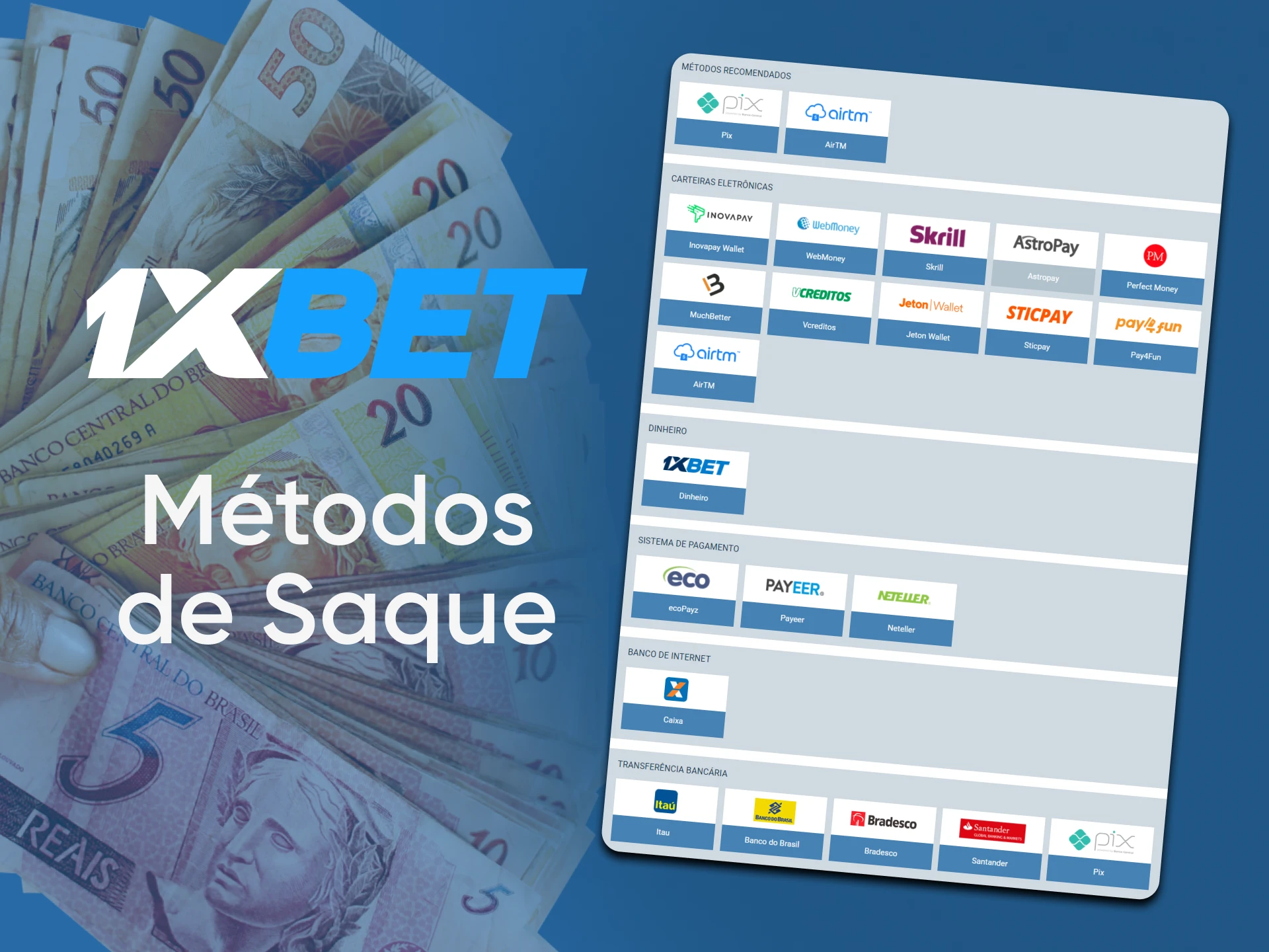 1xBet apóia os métodos populares de saque no Brasil.