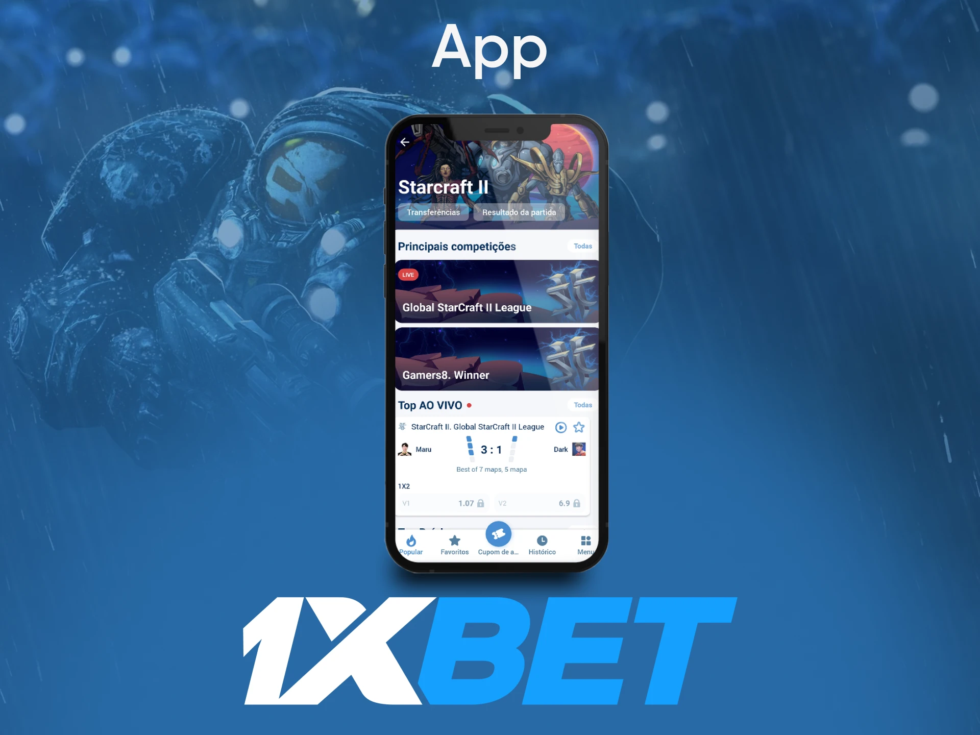 Faça apostas através do aplicativo 1xbet em eventos StarCraft 2.