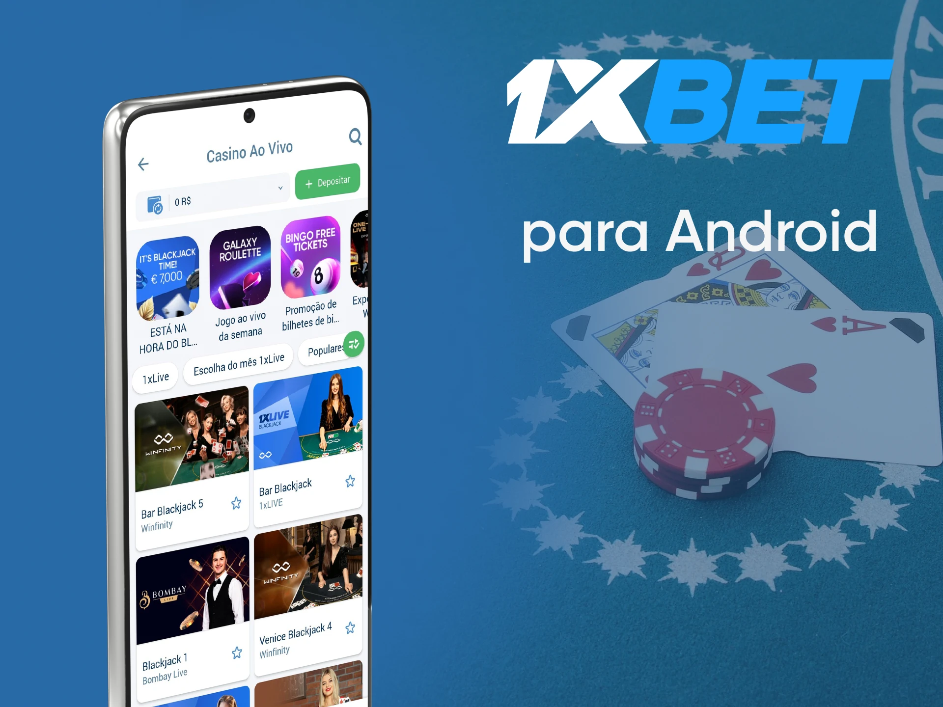 Jogue blackjack através do aplicativo 1xbet para Android.