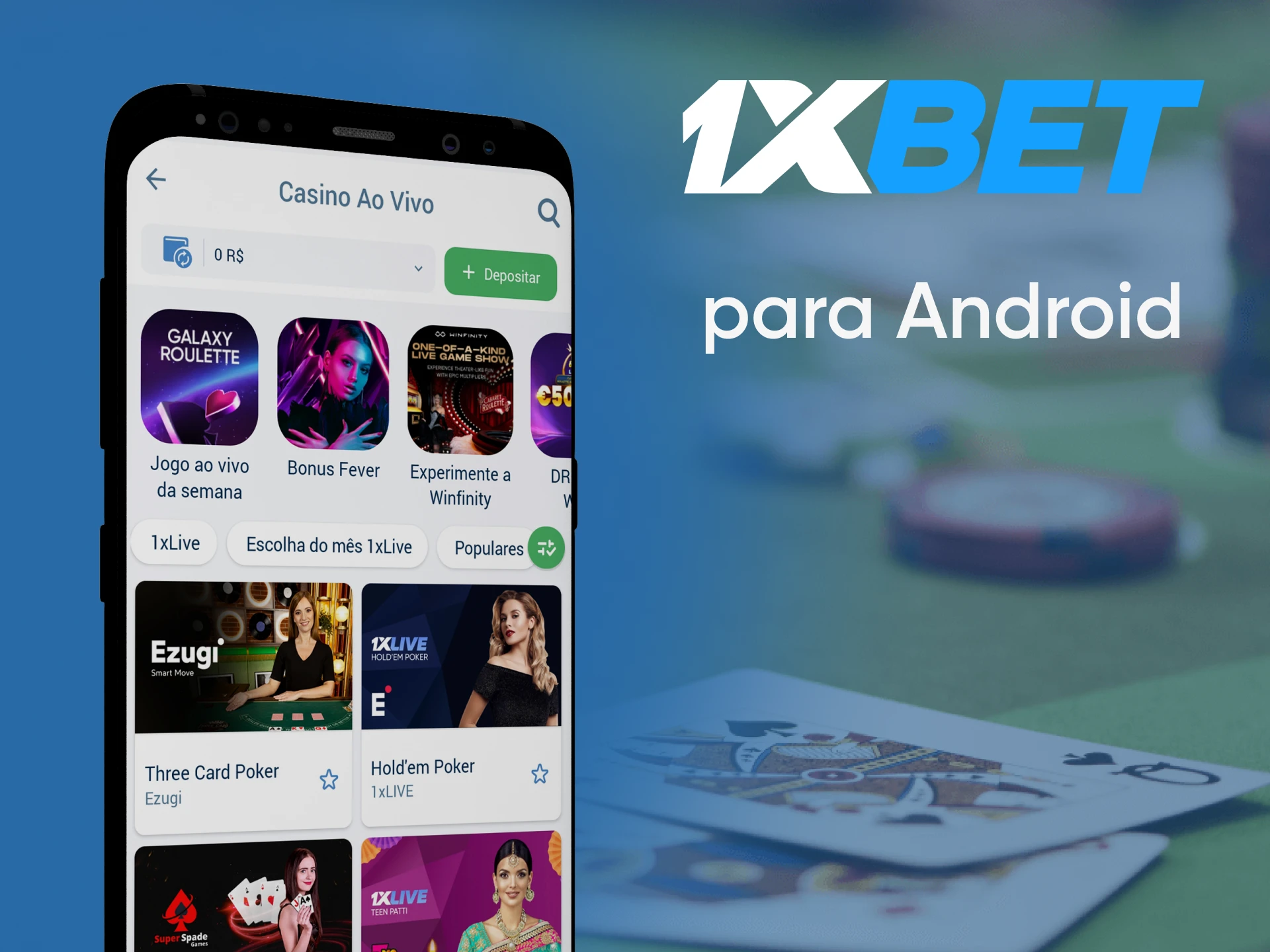 Jogue pôquer no aplicativo 1xbet para Android.