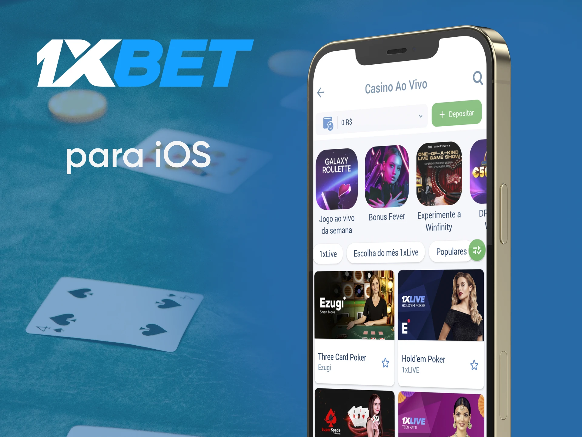 Jogue pôquer no aplicativo 1xbet para iOS.