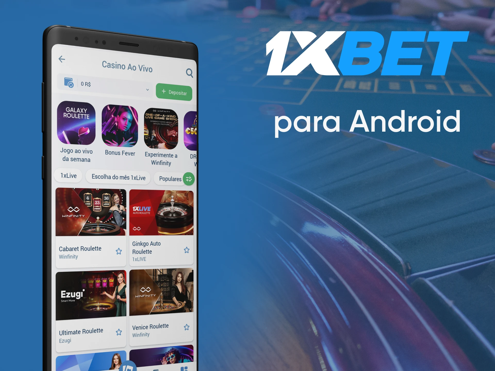 Jogue roleta através do aplicativo 1xbet para Android.