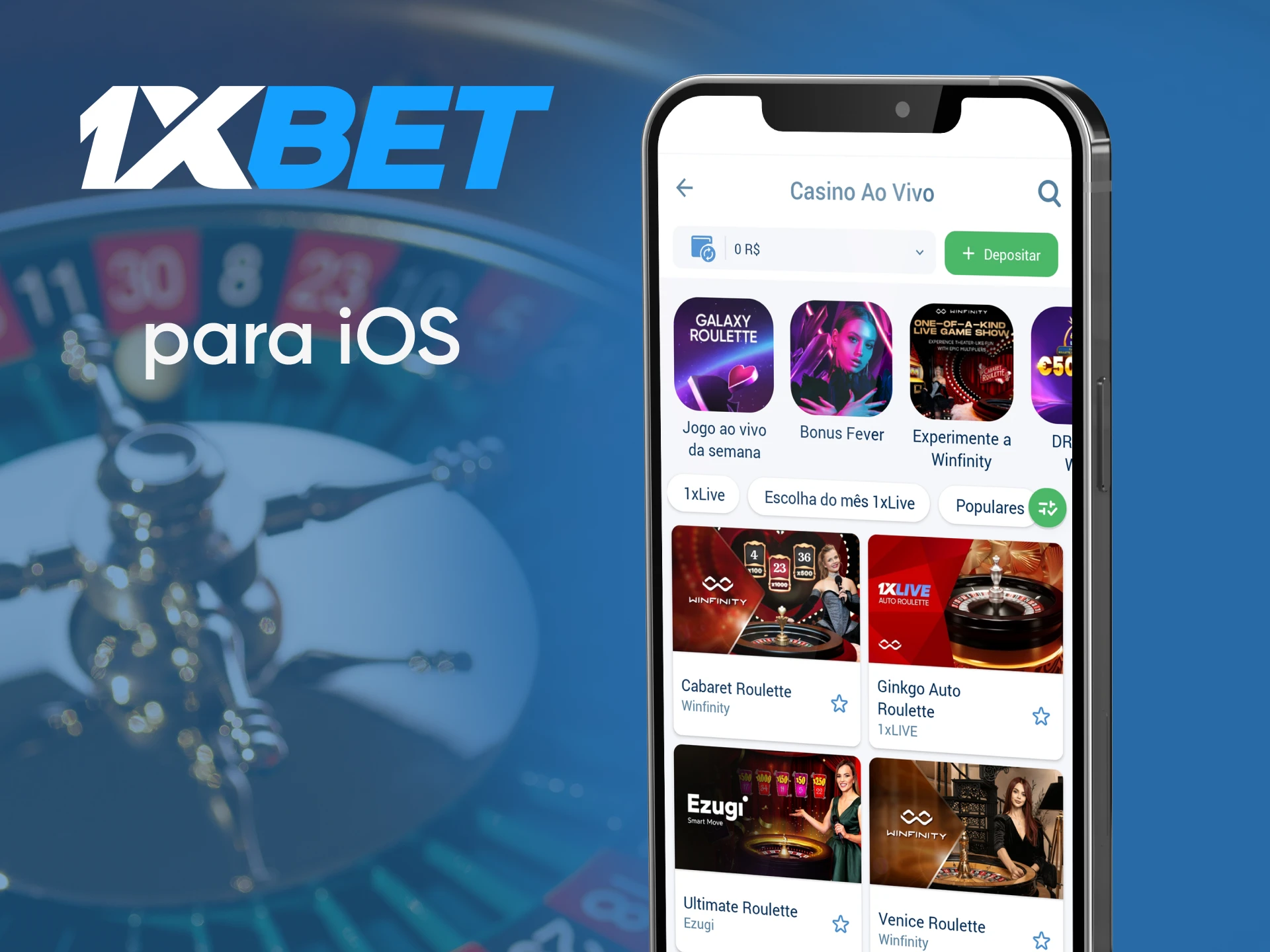 Jogue roleta através do aplicativo 1xbet para iOS.