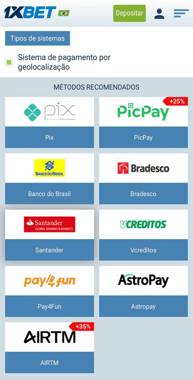 Determine um método favorável e conveniente para você depositar em sua conta na 1xBet.