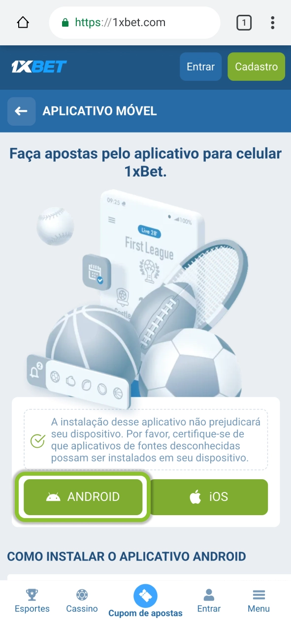 Selecione Android Lite no 1xBet e comece o processo de instalação.