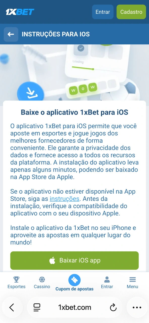 Abra a PWA 1xBet e aproveite apostas rápidas no iPhone.