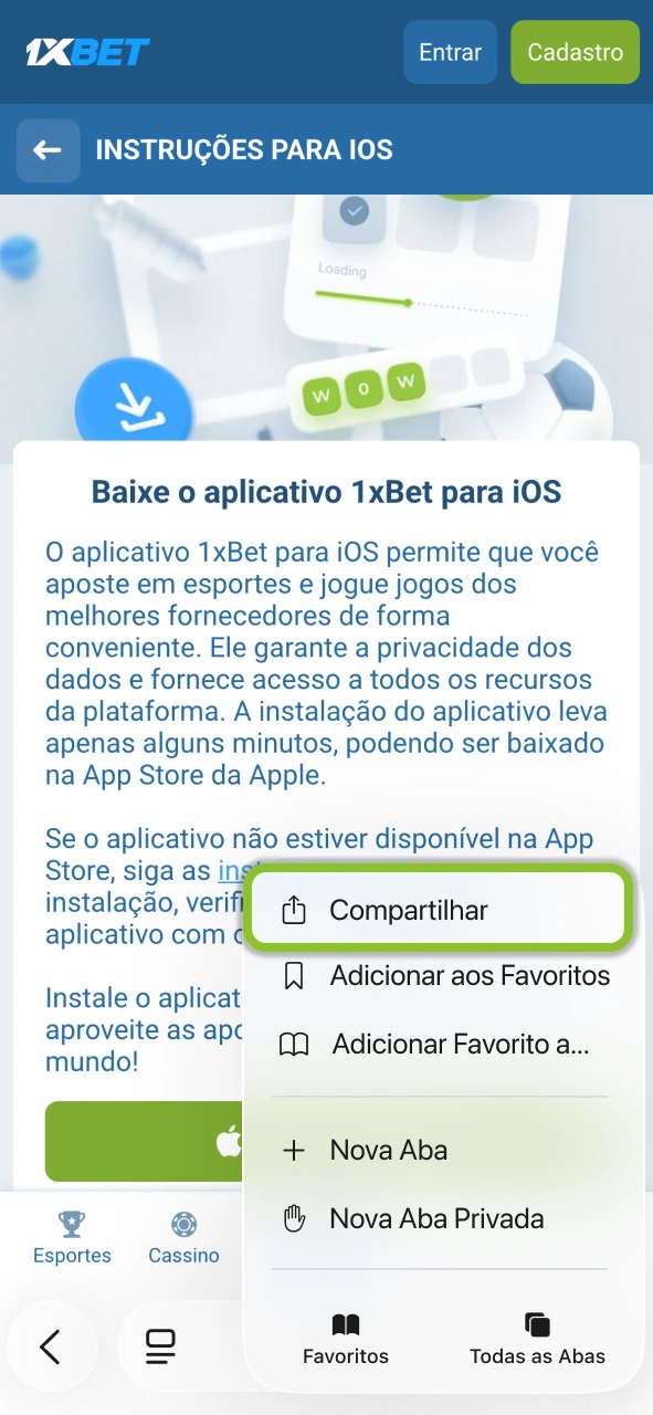 Adicione o 1xBet à tela inicial e tenha acesso fácil às apostas.