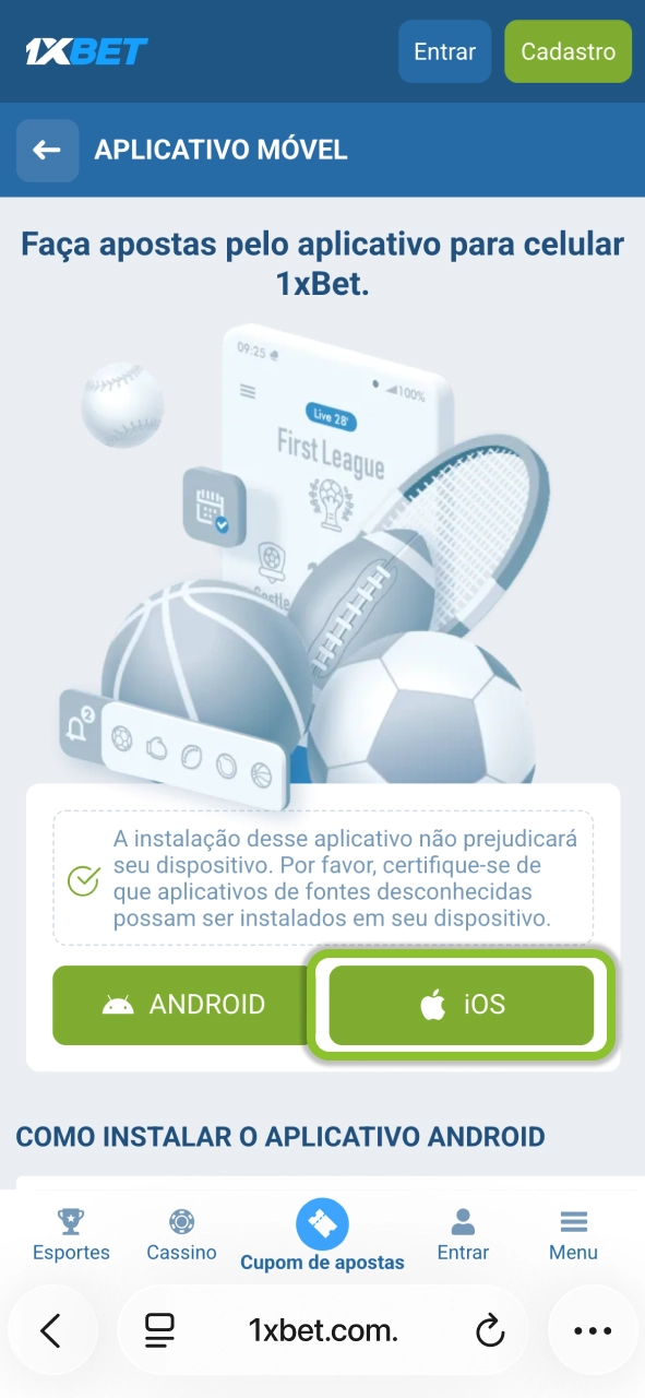 Toque em iOS no 1xBet e veja como instalar a versão móvel.