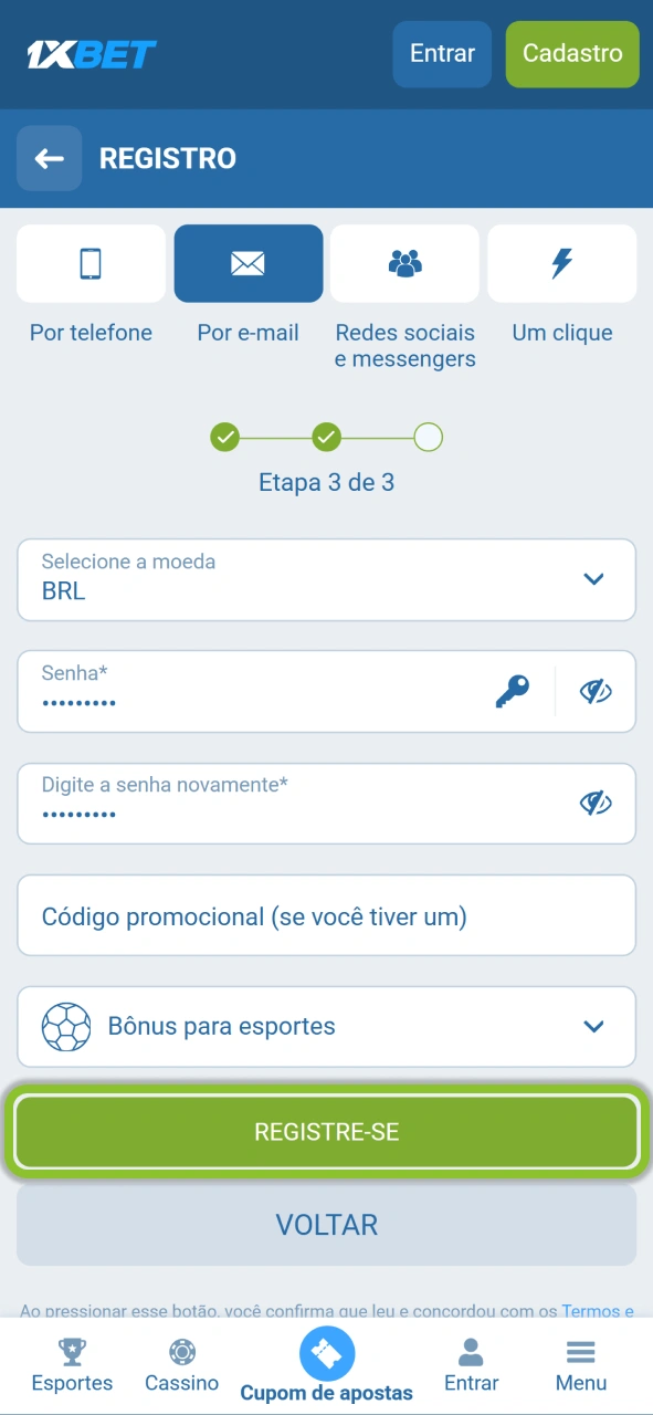 Conclua seu registro na 1xBet para ter acesso total aos jogos e bônus de boas-vindas.