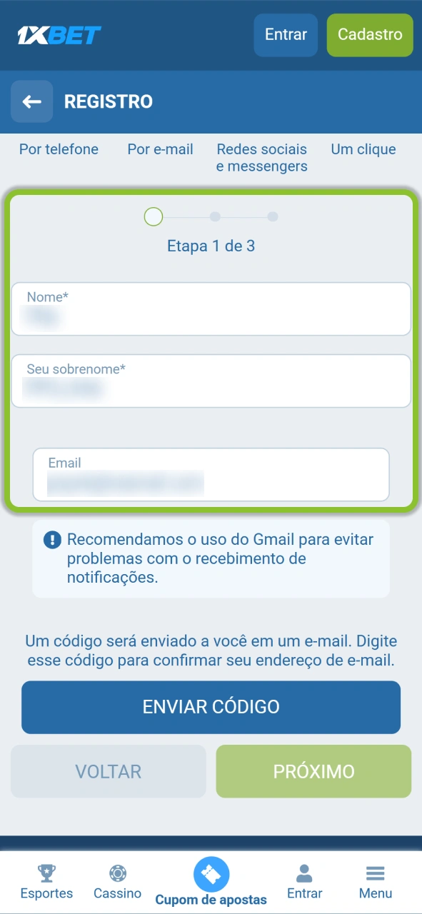 Insira seus dados pessoais corretamente para validar sua conta no cassino 1xBet.