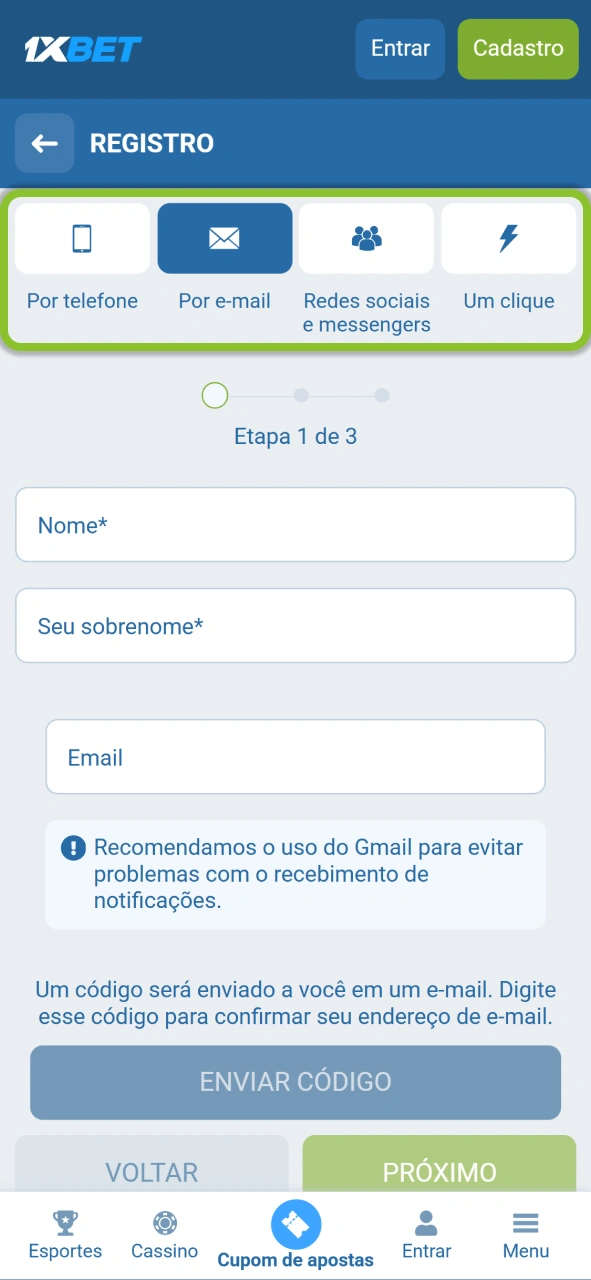 Escolha o seu método de registro preferido entre as várias opções disponíveis na 1xBet.