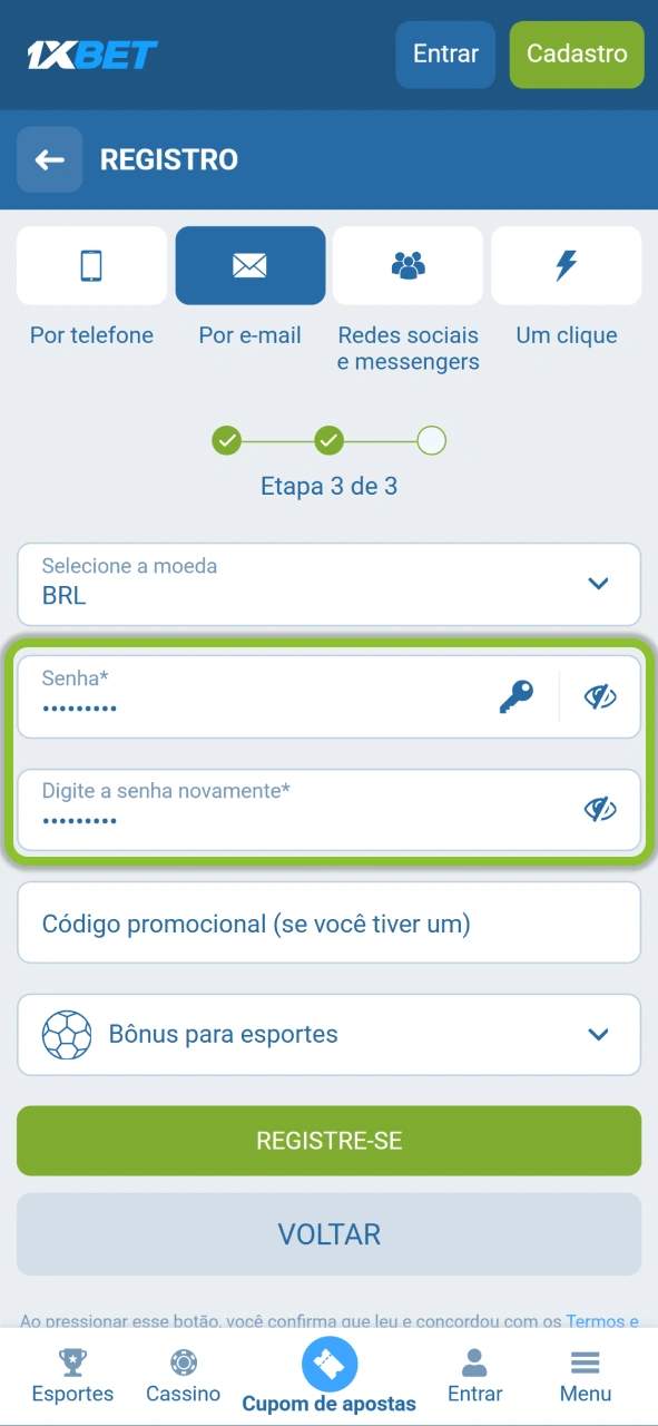Crie uma senha forte e segura para proteger sua conta e seus ganhos na 1xBet.