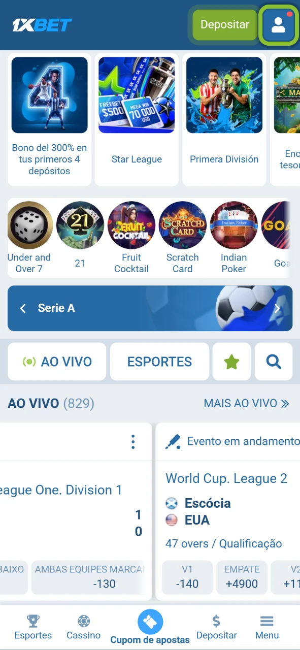 Acesse as configurações de oferta pelo ícone do seu perfil na 1xBet.