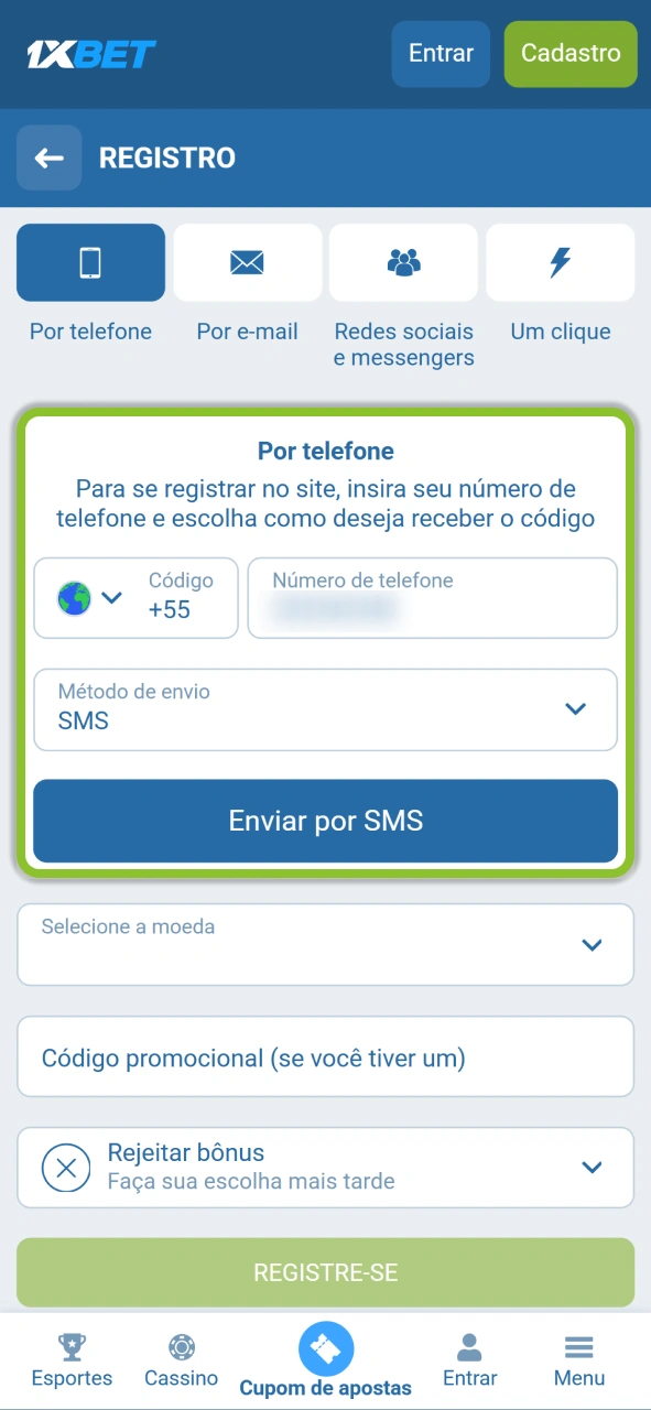 Preencha o formulário com os dados necessários para completar seu cadastro na 1xBet.