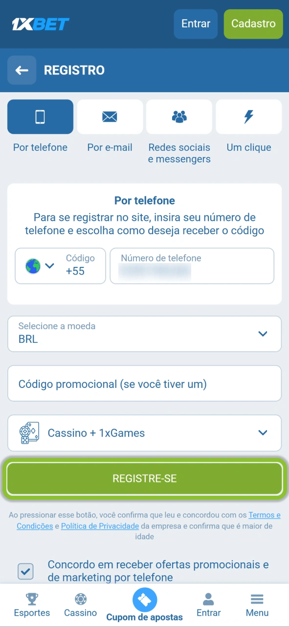 Finalize o seu registro na 1xBet e receba sua confirmação por e-mail ou SMS.