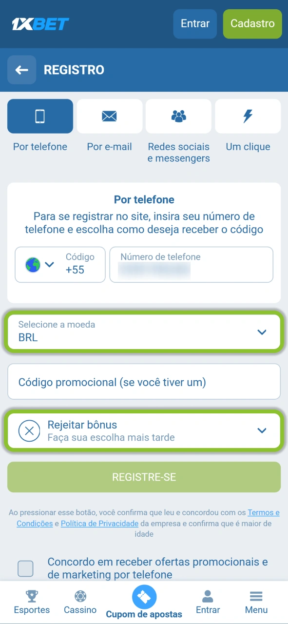 Selecione suas opções de moeda e bônus durante o processo de inscrição na 1xBet.